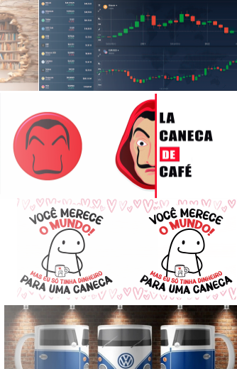 Imagem: Estampas variadas como fundo lateral esquerdo. Desenho de memes e um seriado. Seriado: La casa de papel com o dizer: 'La caneca de Café'
